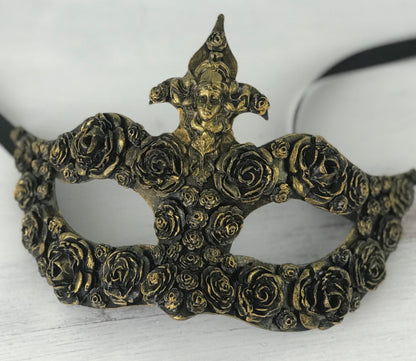Handmade Black & Gold Masquerade Mask: Rose Party Mask