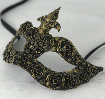 Handmade Black & Gold Masquerade Mask: Rose Party Mask