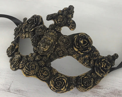 Handmade Black Masquerade Mask: Gold Roses Party Mask