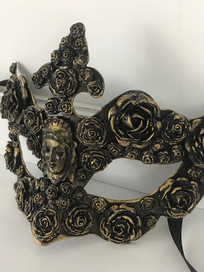 Handmade Black Masquerade Mask: Gold Roses Party Mask
