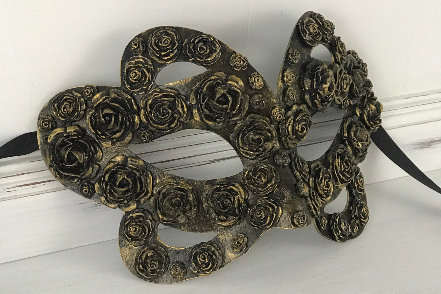 Handmade Black Masquerade Mask: Gold Rose Party Mask