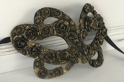 Handmade Black Masquerade Mask: Gold Rose Party Mask