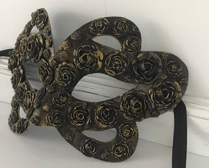 Handmade Black Masquerade Mask: Gold Rose Party Mask