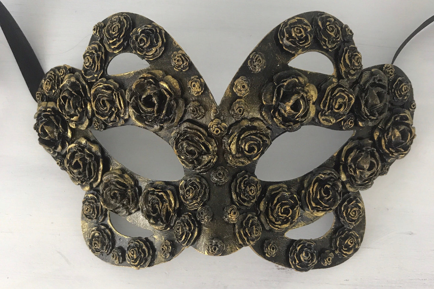 Handmade Black Masquerade Mask: Gold Rose Party Mask