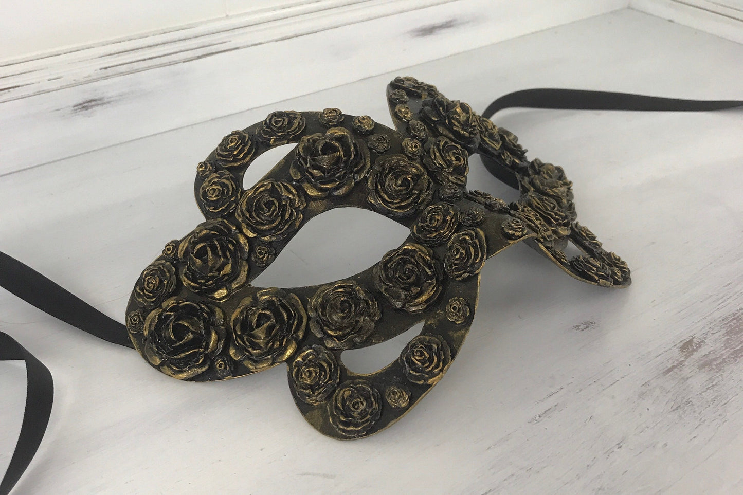 Handmade Black Masquerade Mask: Gold Rose Party Mask