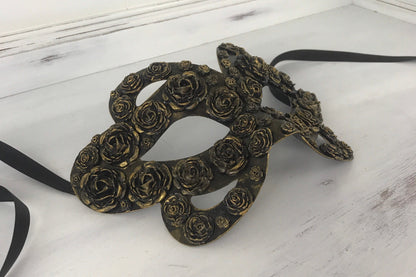 Handmade Black Masquerade Mask: Gold Rose Party Mask