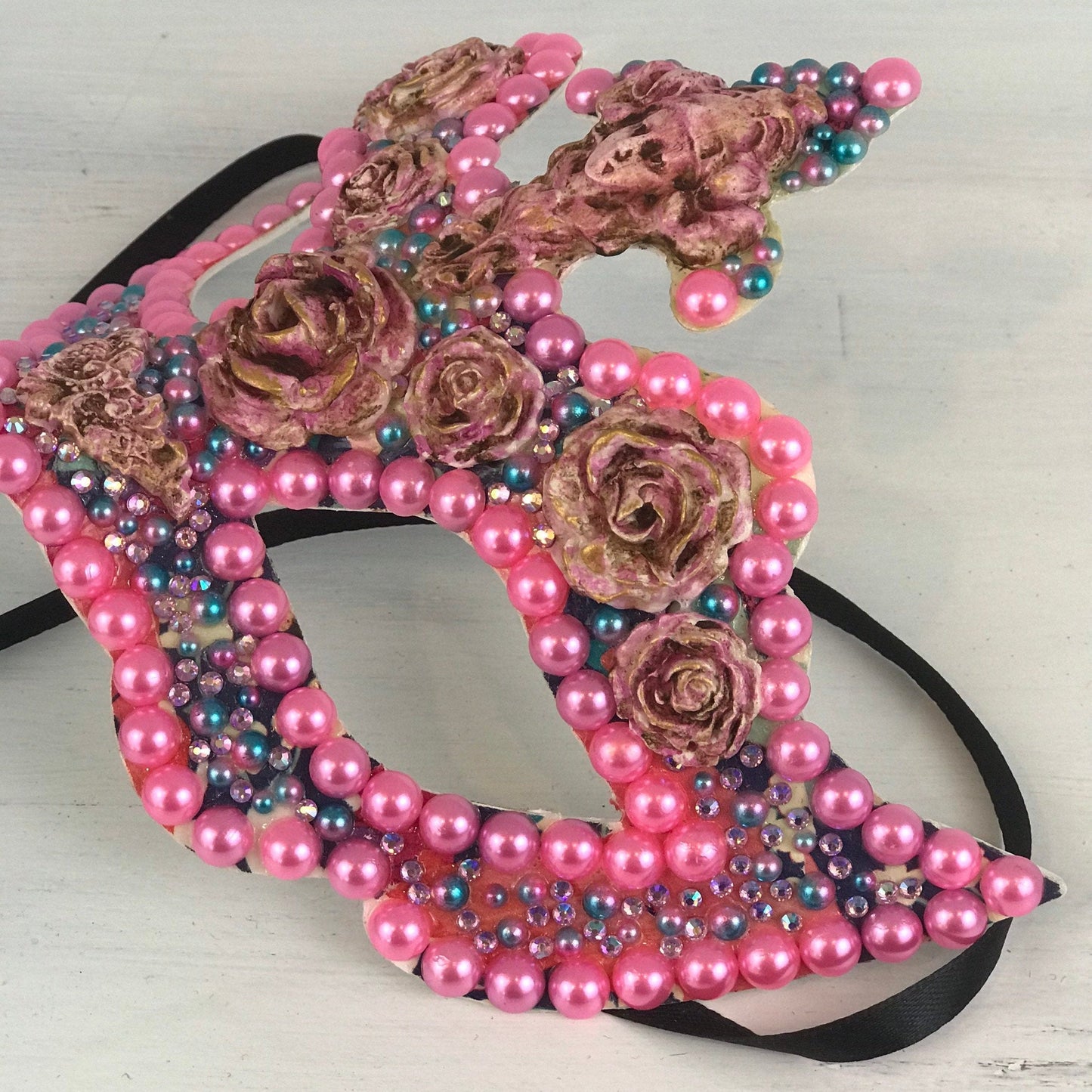 Handmade Rose Masquerade Mask: Rhinestone Party Mask
