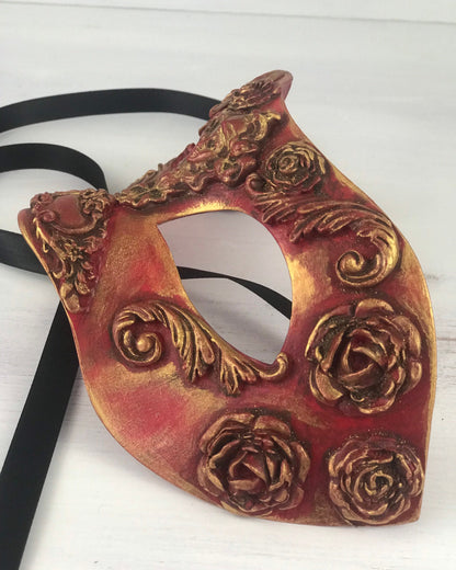Handmade Red Masquerade Mask: Roses, Rhinestones, Party Mask