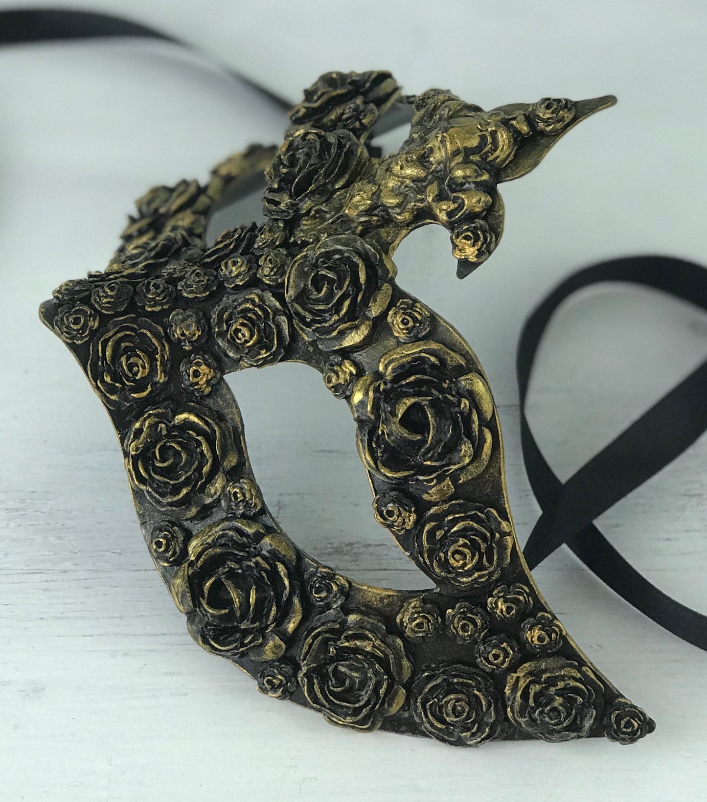 Handmade Black & Gold Masquerade Mask: Rose Party Mask