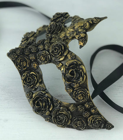 Handmade Black & Gold Masquerade Mask: Rose Party Mask