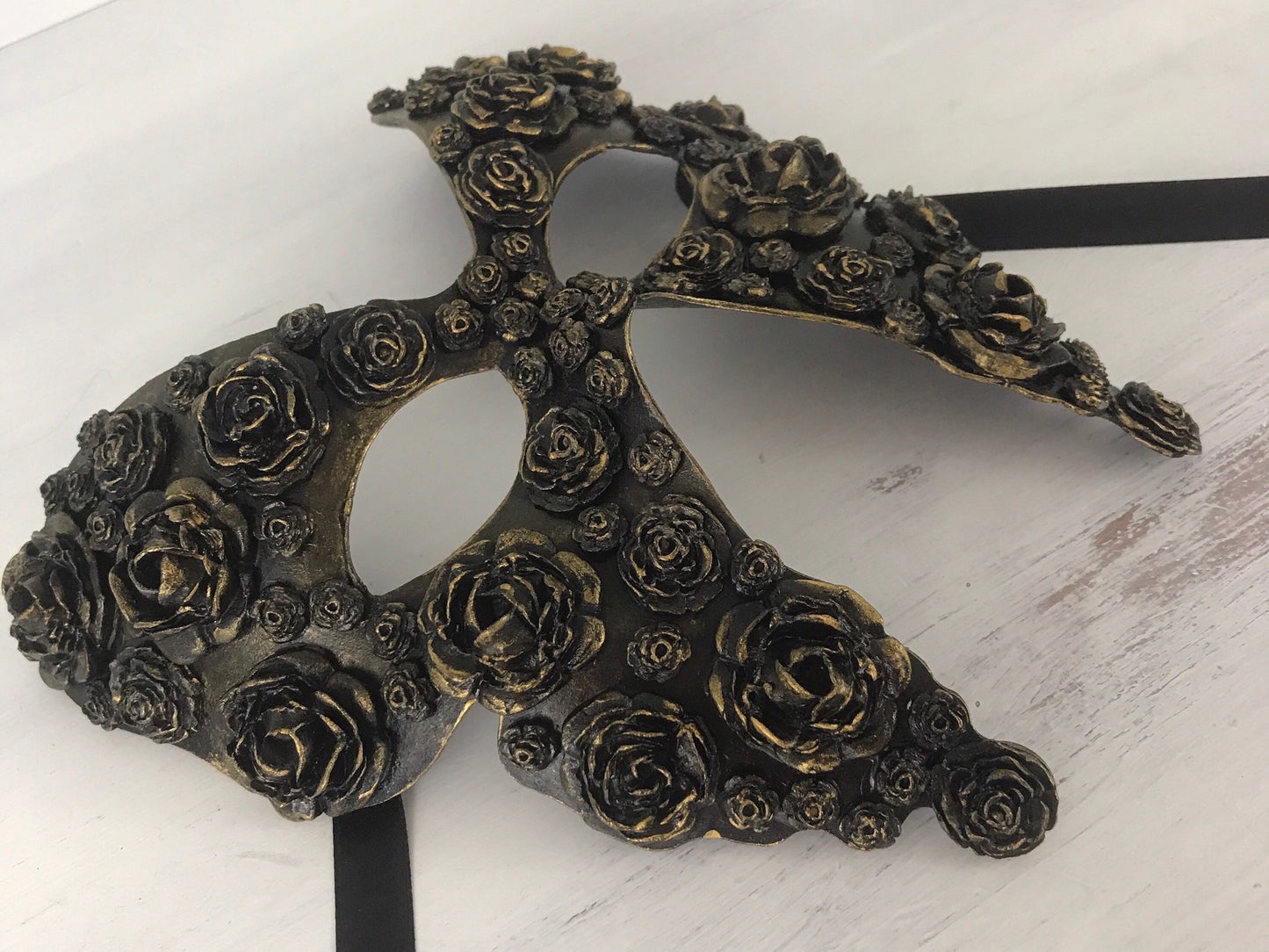 Handmade Black Masquerade Mask: Gold Roses Party Mask