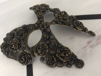 Handmade Black Masquerade Mask: Gold Roses Party Mask