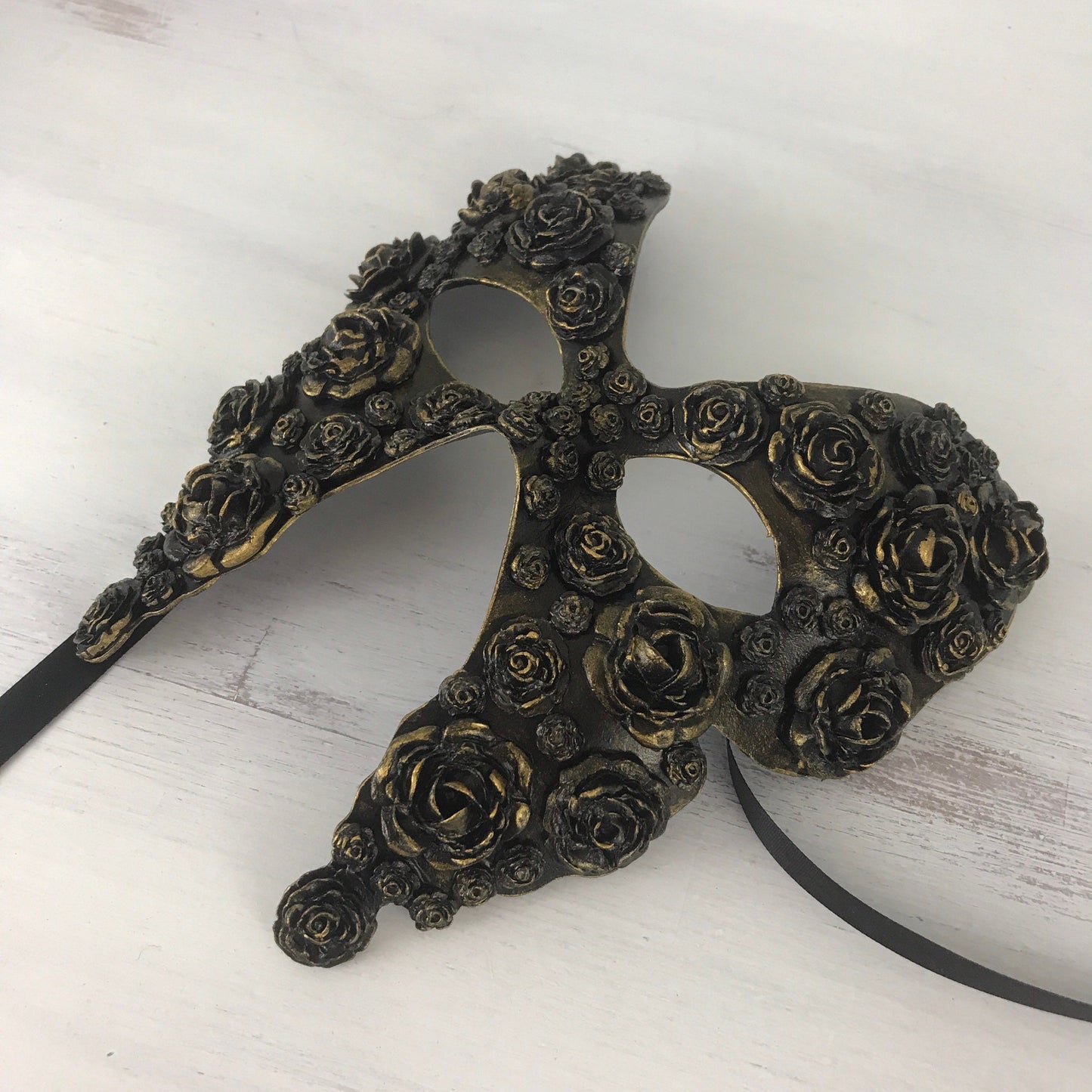 Handmade Black Masquerade Mask: Gold Roses Party Mask