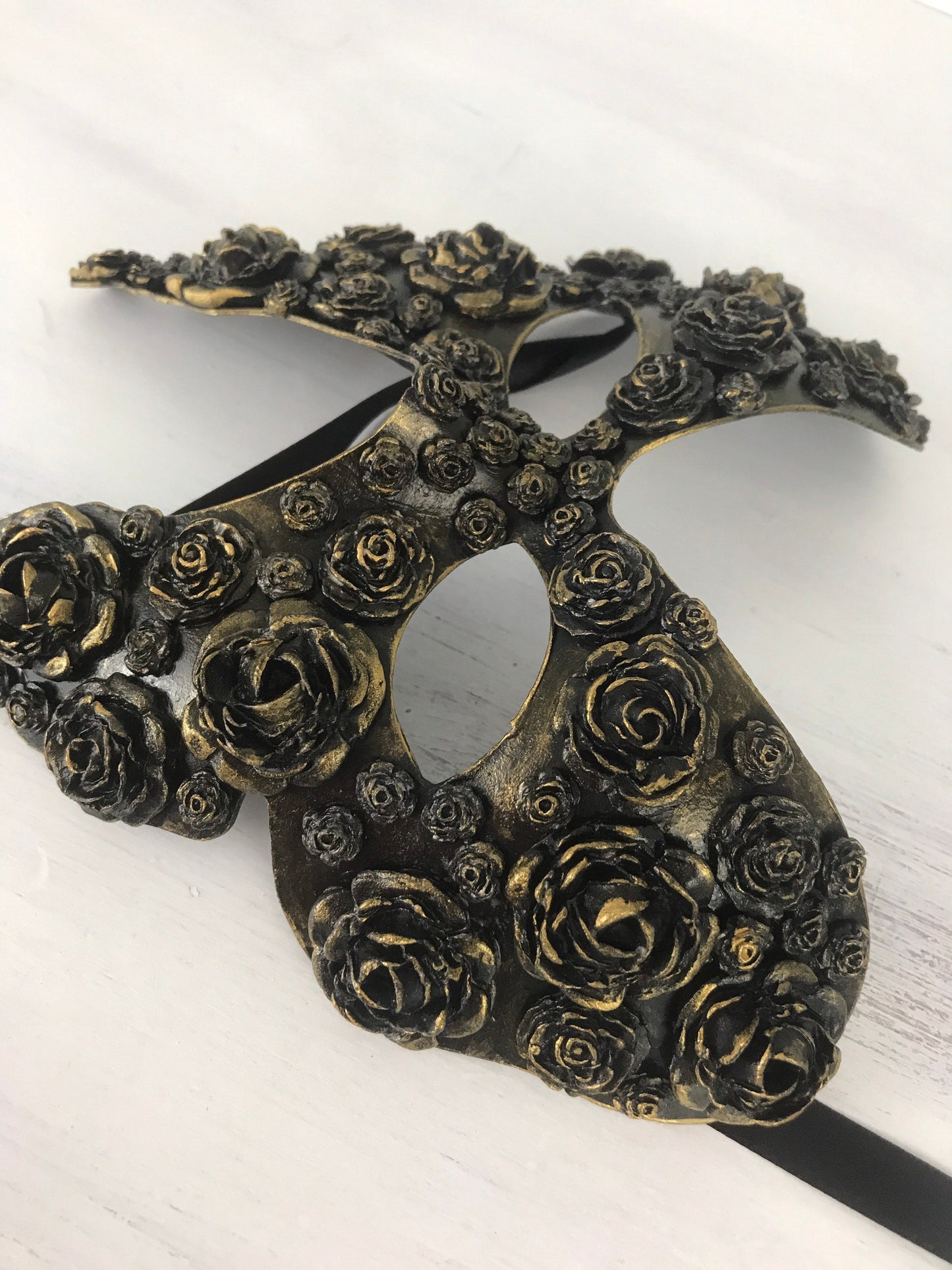 Handmade Black Masquerade Mask: Gold Roses Party Mask