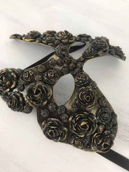 Handmade Black Masquerade Mask: Gold Roses Party Mask
