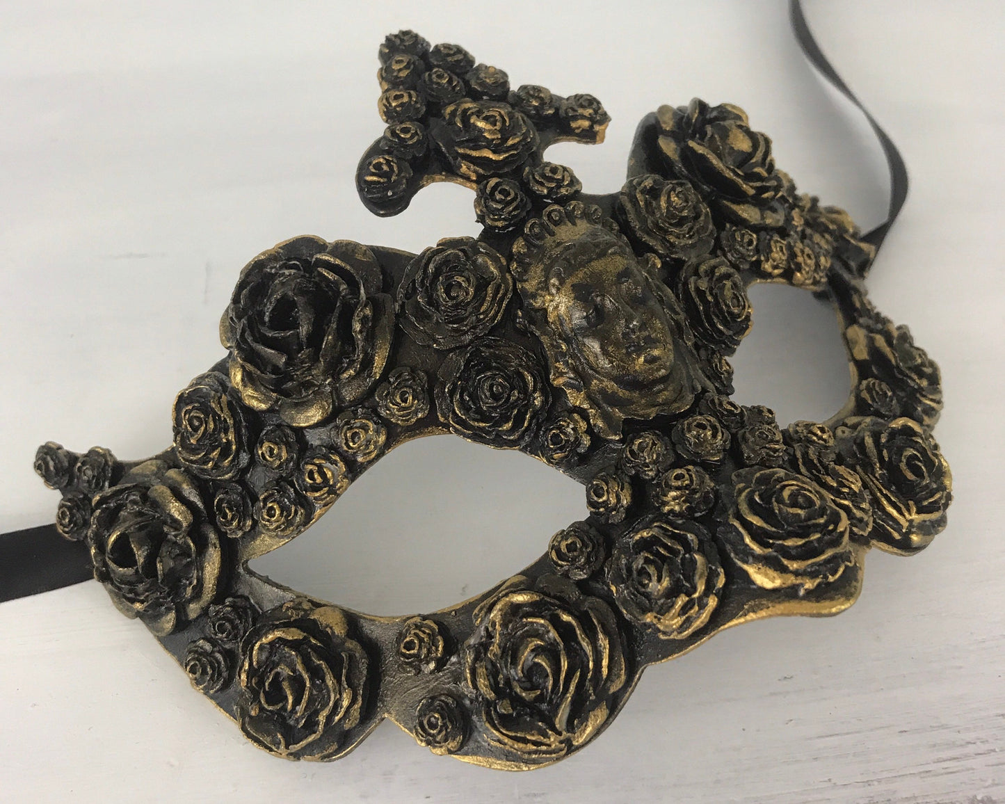 Handmade Black Masquerade Mask: Gold Roses Party Mask