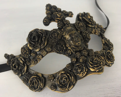 Handmade Black Masquerade Mask: Gold Roses Party Mask