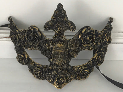 Handmade Black Masquerade Mask: Gold Roses Party Mask