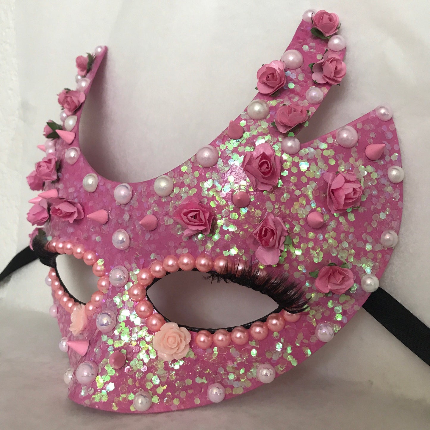 Handmade Pink Masquerade Mask: Roses, Pearls, Spikes