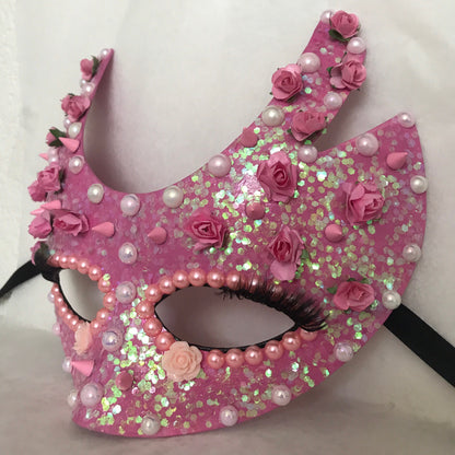 Handmade Pink Masquerade Mask: Roses, Pearls, Spikes