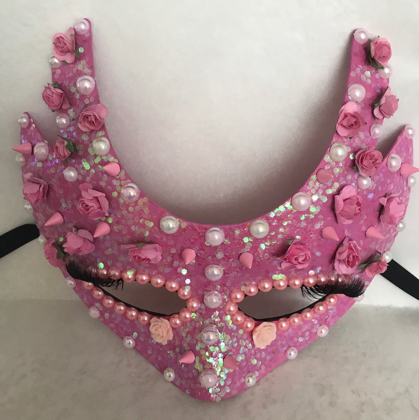 Handmade Pink Masquerade Mask: Roses, Pearls, Spikes