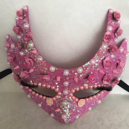 Handmade Pink Masquerade Mask: Roses, Pearls, Spikes