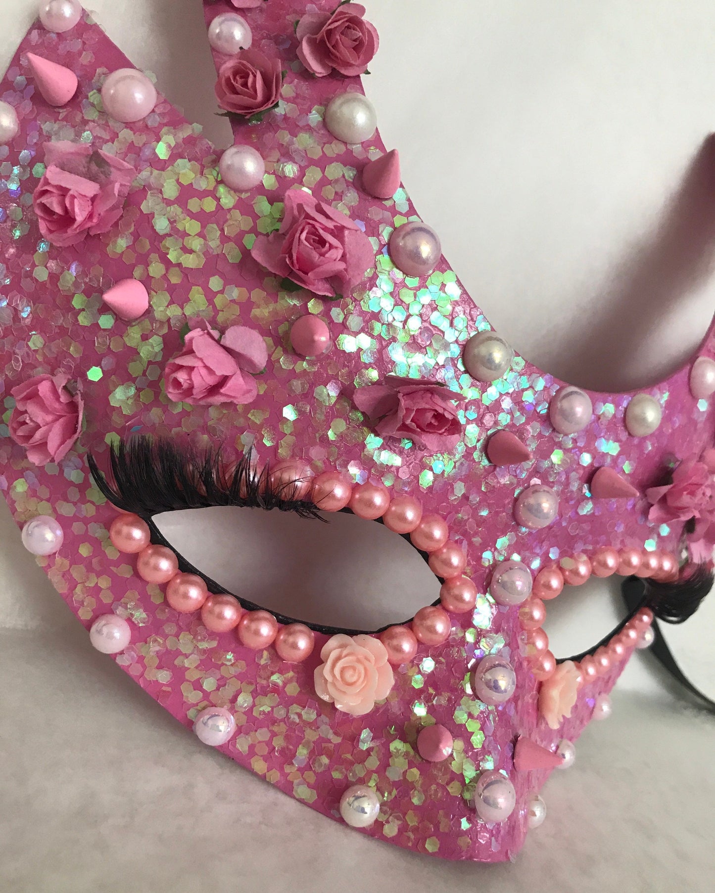 Handmade Pink Masquerade Mask: Roses, Pearls, Spikes
