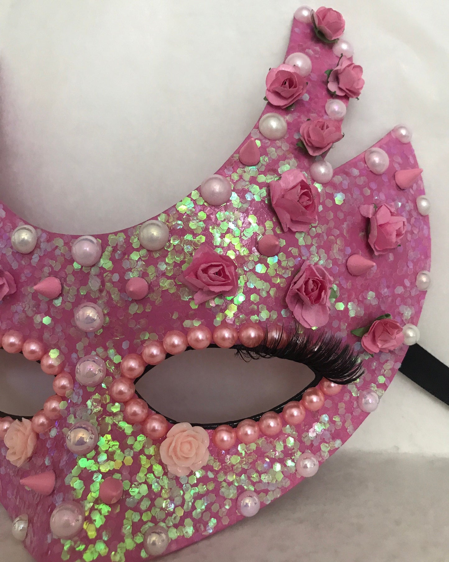 Handmade Pink Masquerade Mask: Roses, Pearls, Spikes
