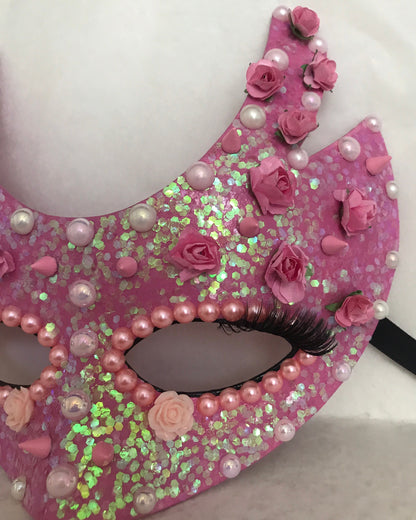 Handmade Pink Masquerade Mask: Roses, Pearls, Spikes
