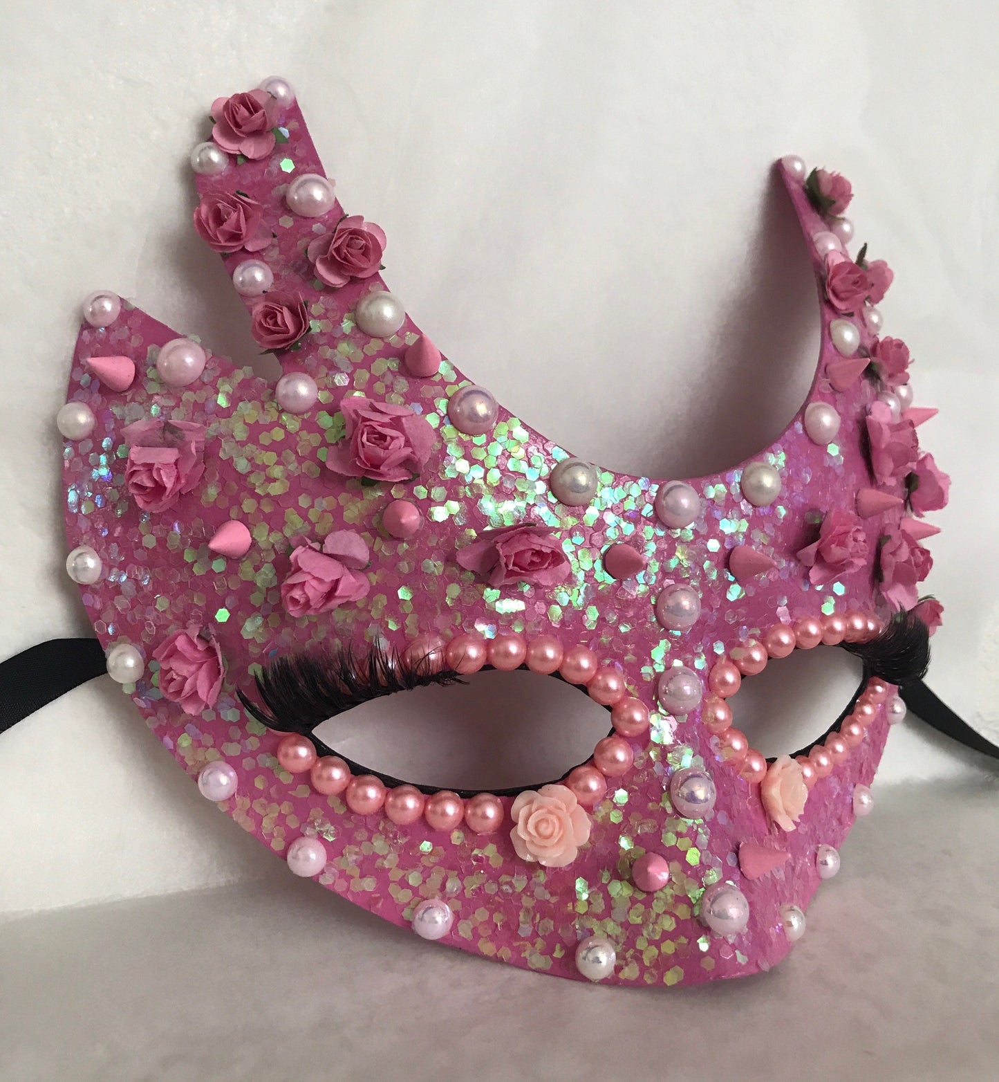 Handmade Pink Masquerade Mask: Roses, Pearls, Spikes