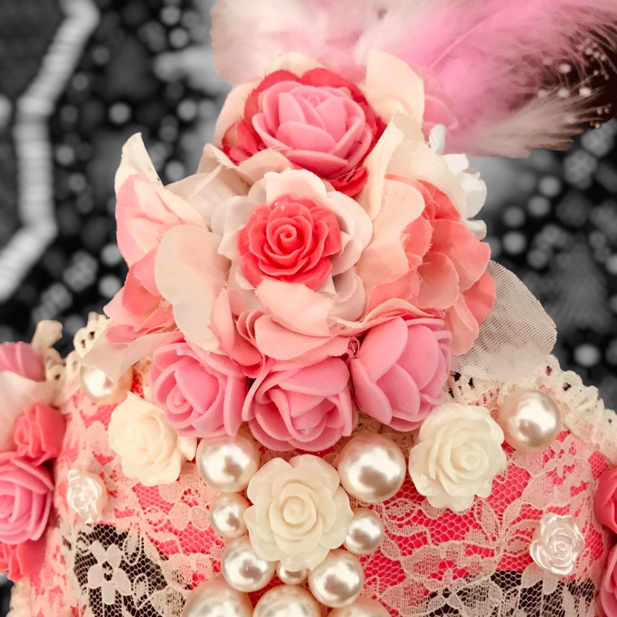 Pink Rose Masquerade Mask: Handmade Party Mask with Faux Pearls