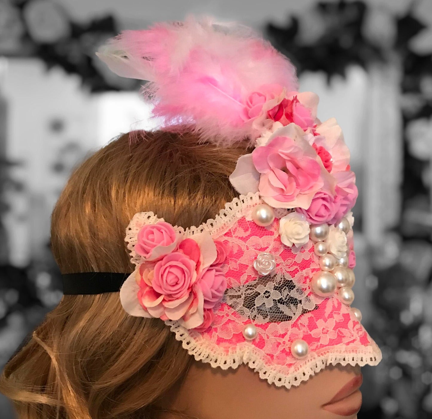 Pink Rose Masquerade Mask: Handmade Party Mask with Faux Pearls