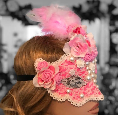 Pink Rose Masquerade Mask: Handmade Party Mask with Faux Pearls