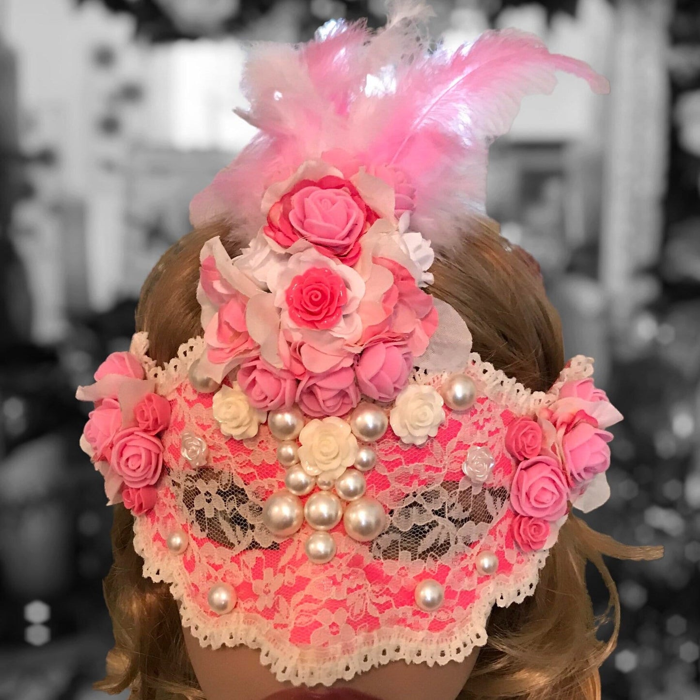Pink Rose Masquerade Mask: Handmade Party Mask with Faux Pearls