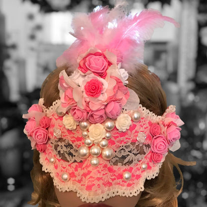 Pink Rose Masquerade Mask: Handmade Party Mask with Faux Pearls