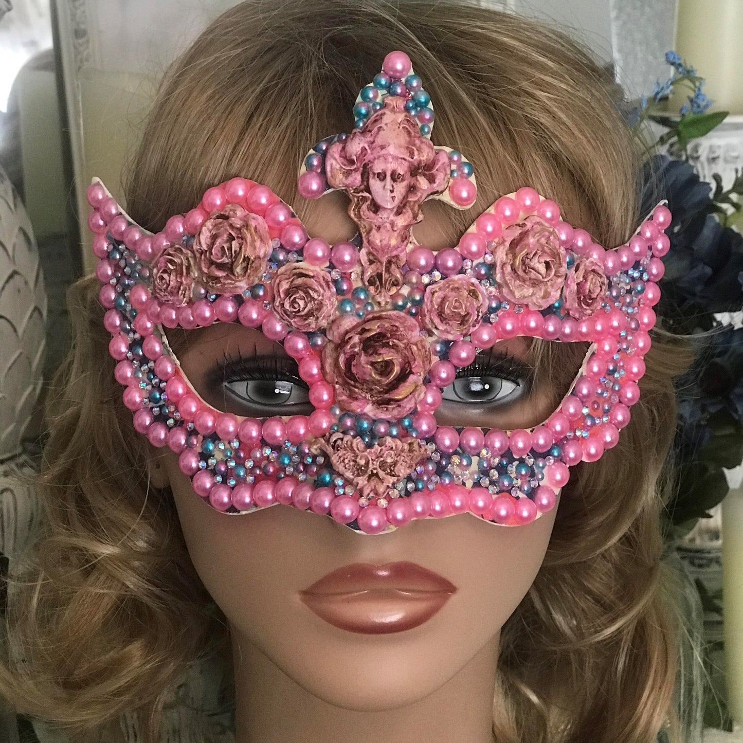 Handmade Rose Masquerade Mask: Rhinestone Party Mask