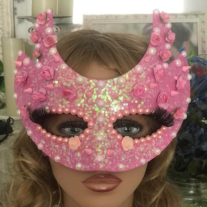 Handmade Pink Masquerade Mask: Roses, Pearls, Spikes