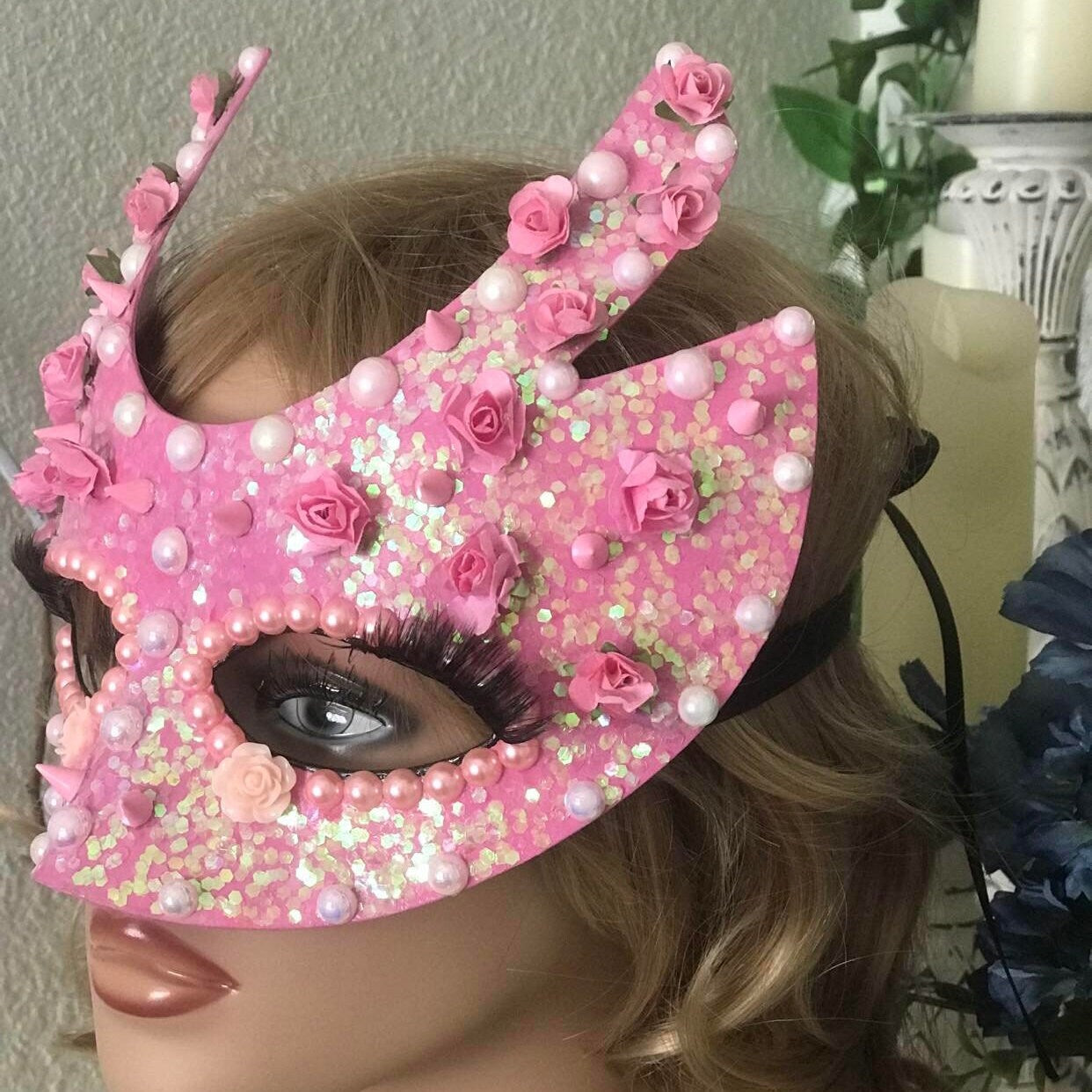 Handmade Pink Masquerade Mask: Roses, Pearls, Spikes