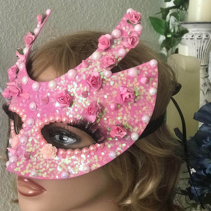 Handmade Pink Masquerade Mask: Roses, Pearls, Spikes