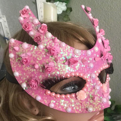 Handmade Pink Masquerade Mask: Roses, Pearls, Spikes