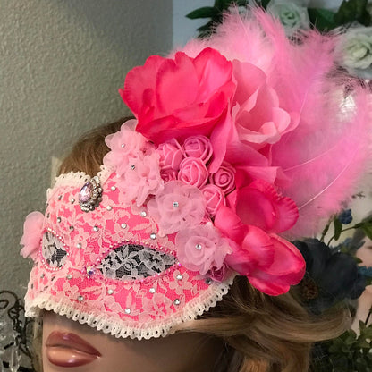 Pink Masquerade Mask: Handmade Lace Mask with Flowers & Rhinestones