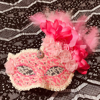 Pink Masquerade Mask: Handmade Lace Mask with Flowers & Rhinestones