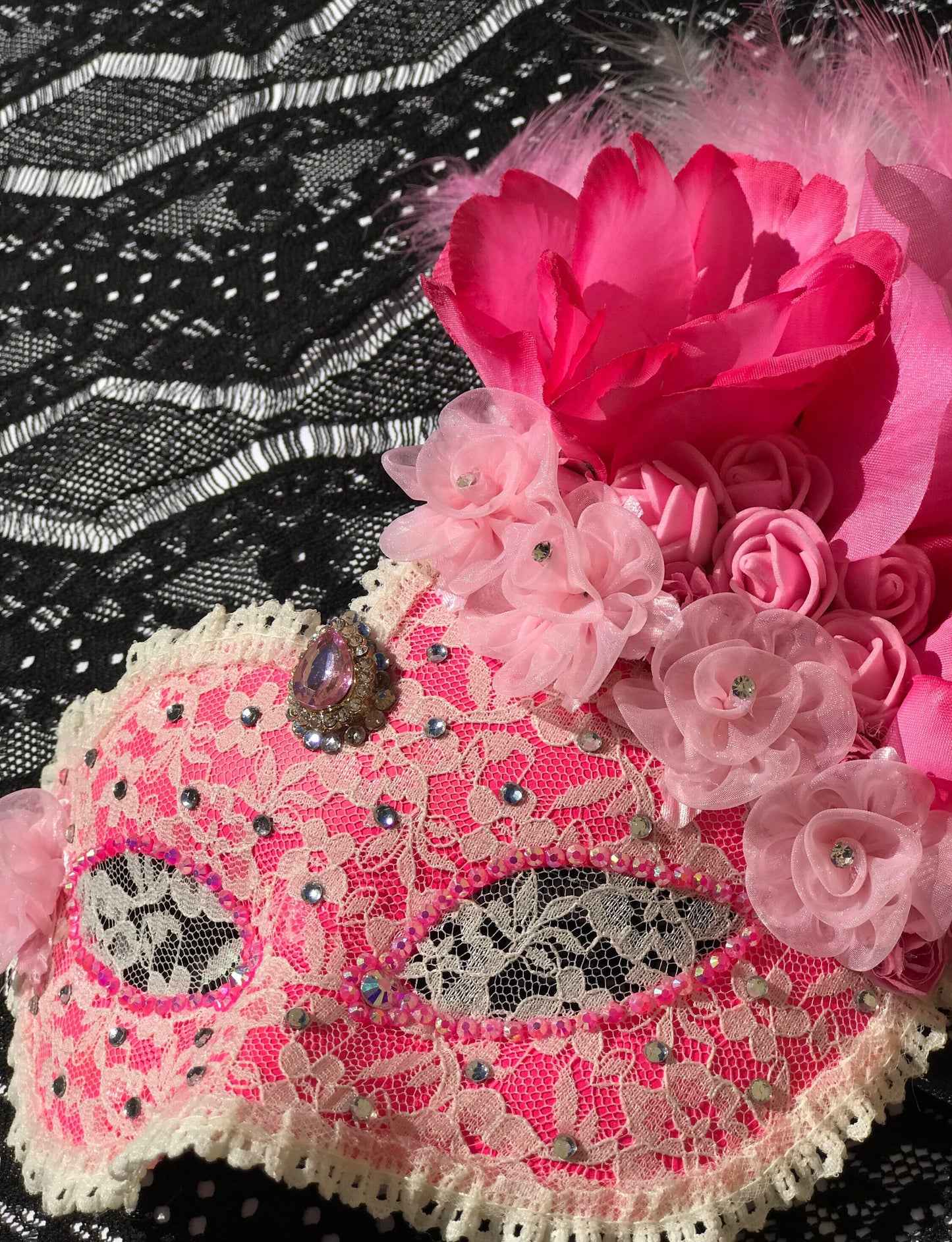 Pink Masquerade Mask: Handmade Lace Mask with Flowers & Rhinestones