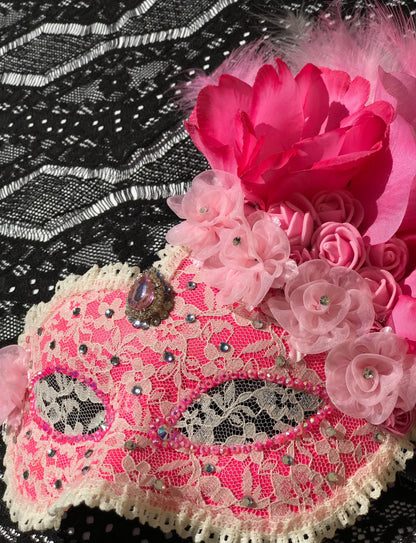 Pink Masquerade Mask: Handmade Lace Mask with Flowers & Rhinestones