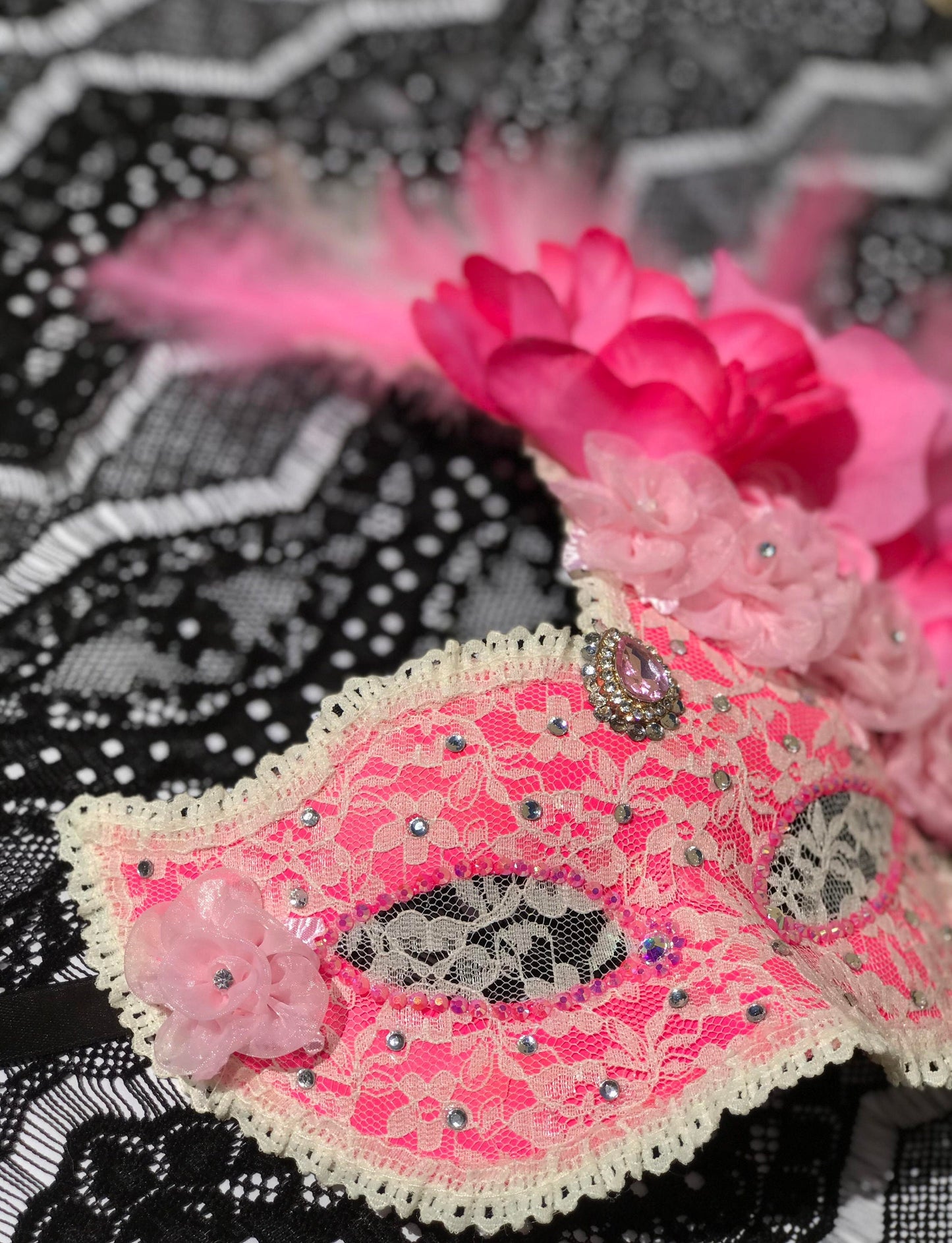 Pink Masquerade Mask: Handmade Lace Mask with Flowers & Rhinestones
