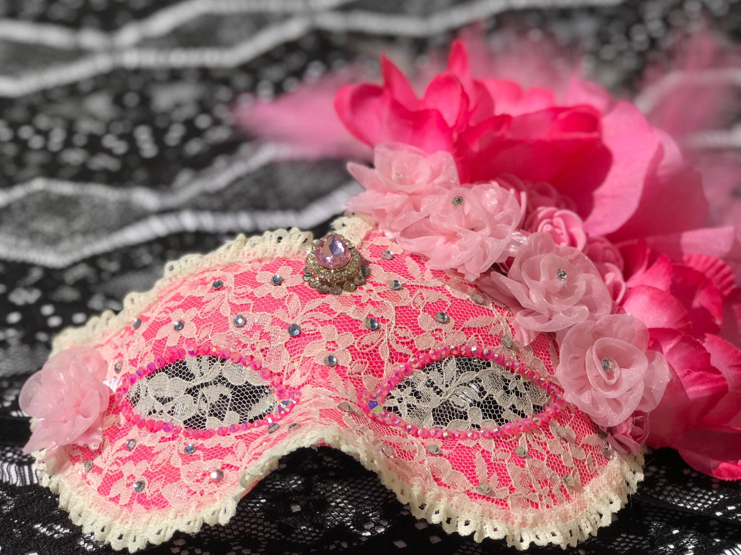 Pink Masquerade Mask: Handmade Lace Mask with Flowers & Rhinestones