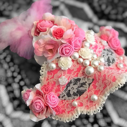 Pink Rose Masquerade Mask: Handmade Party Mask with Faux Pearls