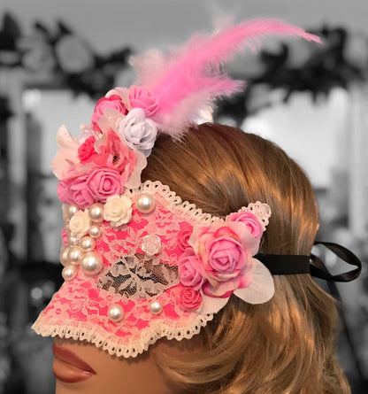 Pink Rose Masquerade Mask: Handmade Party Mask with Faux Pearls