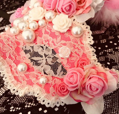 Pink Rose Masquerade Mask: Handmade Party Mask with Faux Pearls