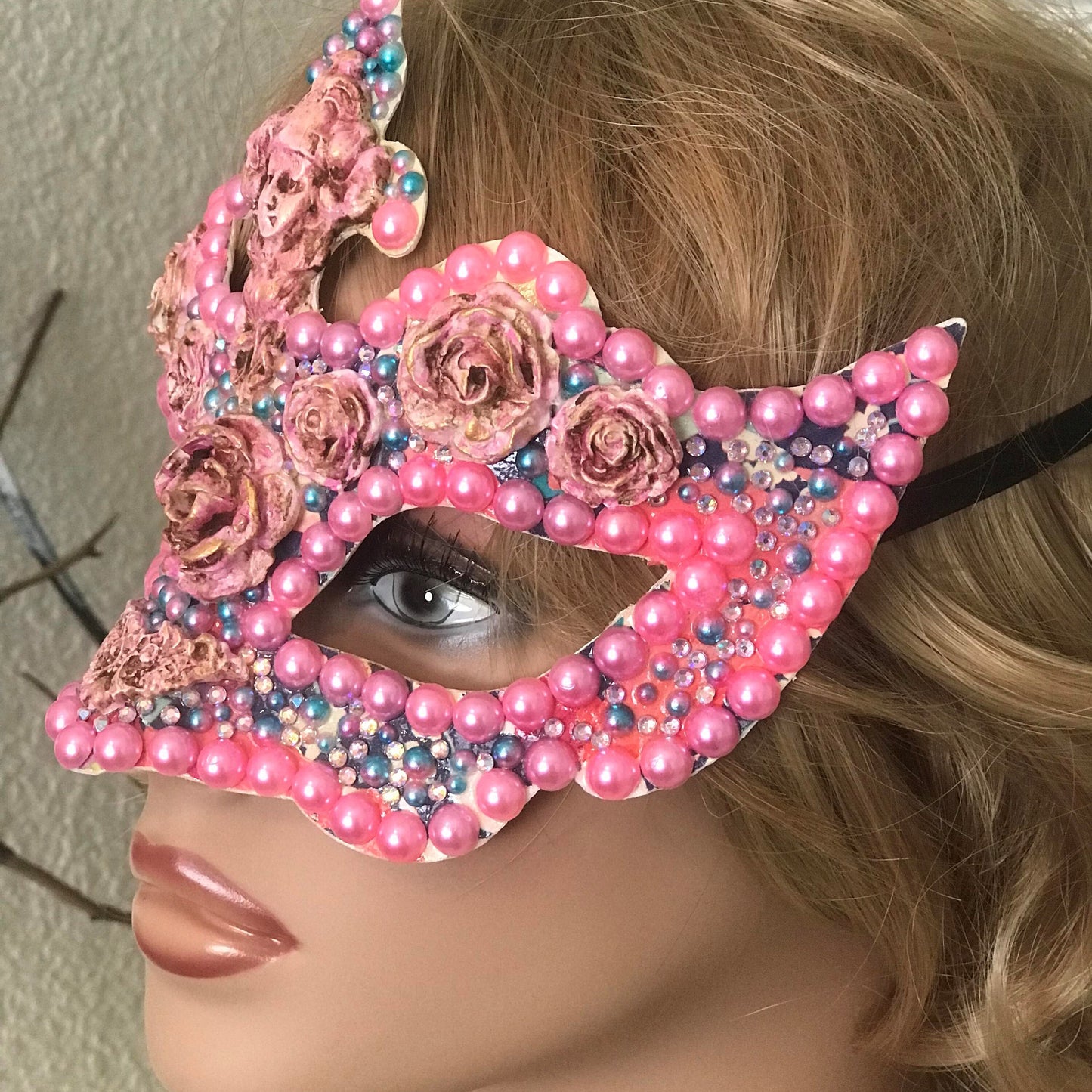 Handmade Rose Masquerade Mask: Rhinestone Party Mask